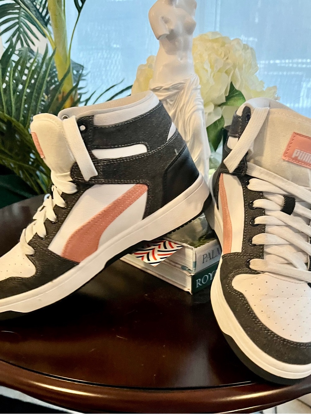 PUMA “Rebound” Women's High-Top Sneakers in White, Black and Dusty Coral 9-1/2